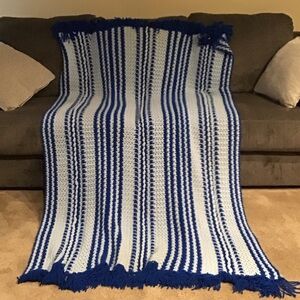 Blue and White Striped Crochet Blanket Throw